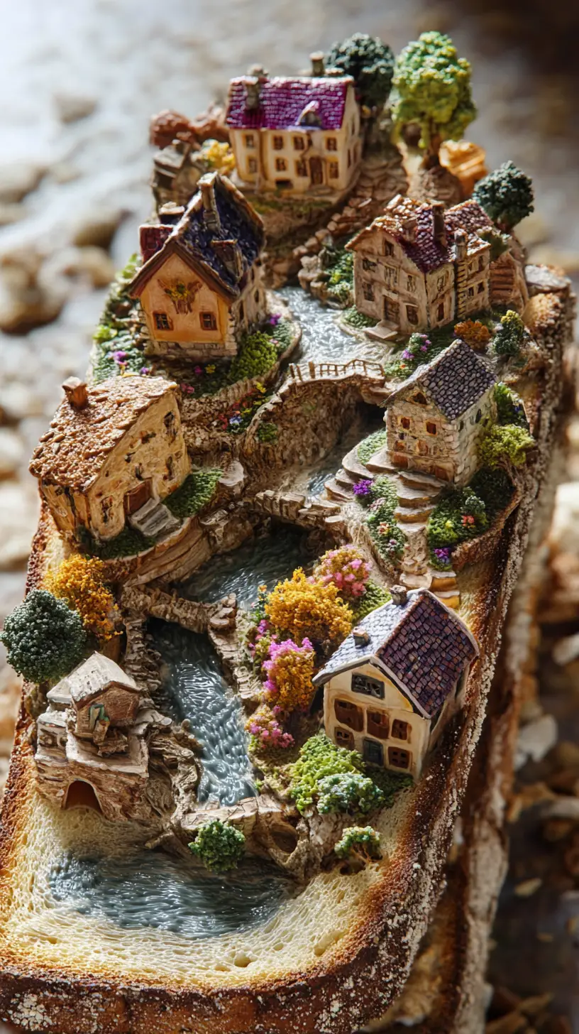 Cidade em Miniatura de Torradas com Rios e Pequenas Casas