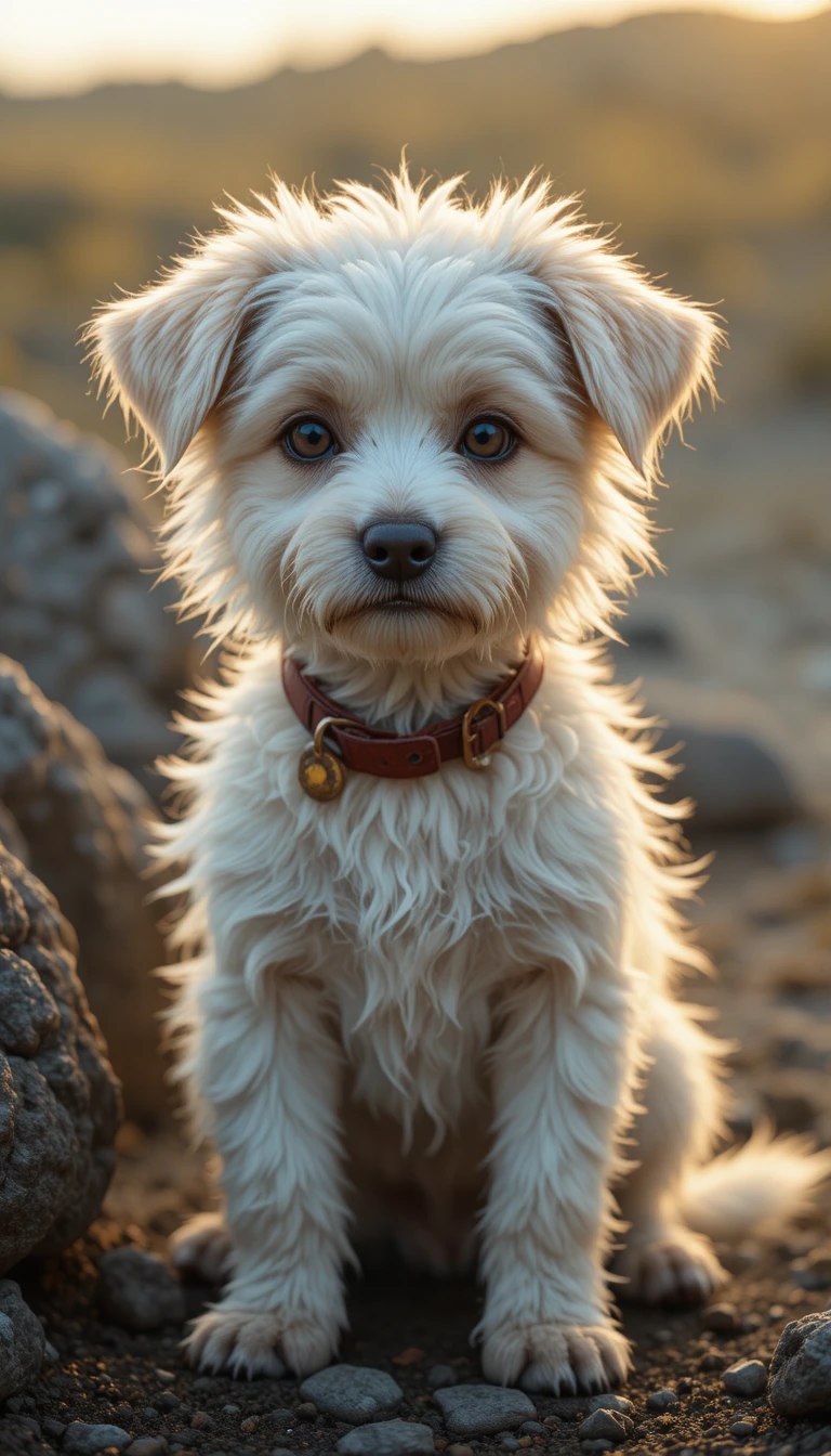 Pequeno cão branco de rua sentado sozinho na luz quente