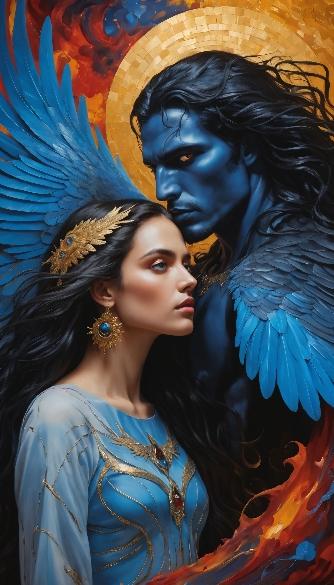 Seres angelicais colidem em um céu cósmico surreal