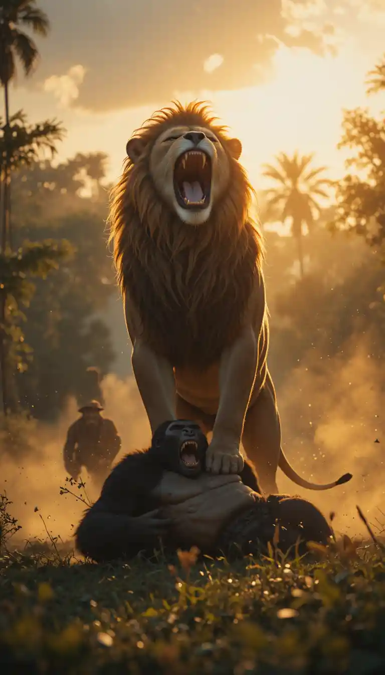 Majestic lion roaring over fallen gorilla at sunset