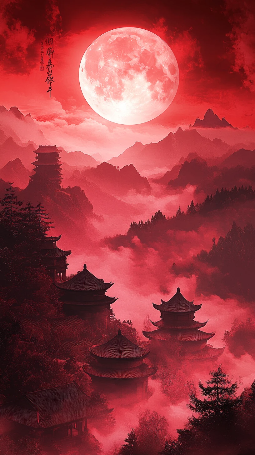 Montañas wuxia carmesí con pagodas bajo una luna roja