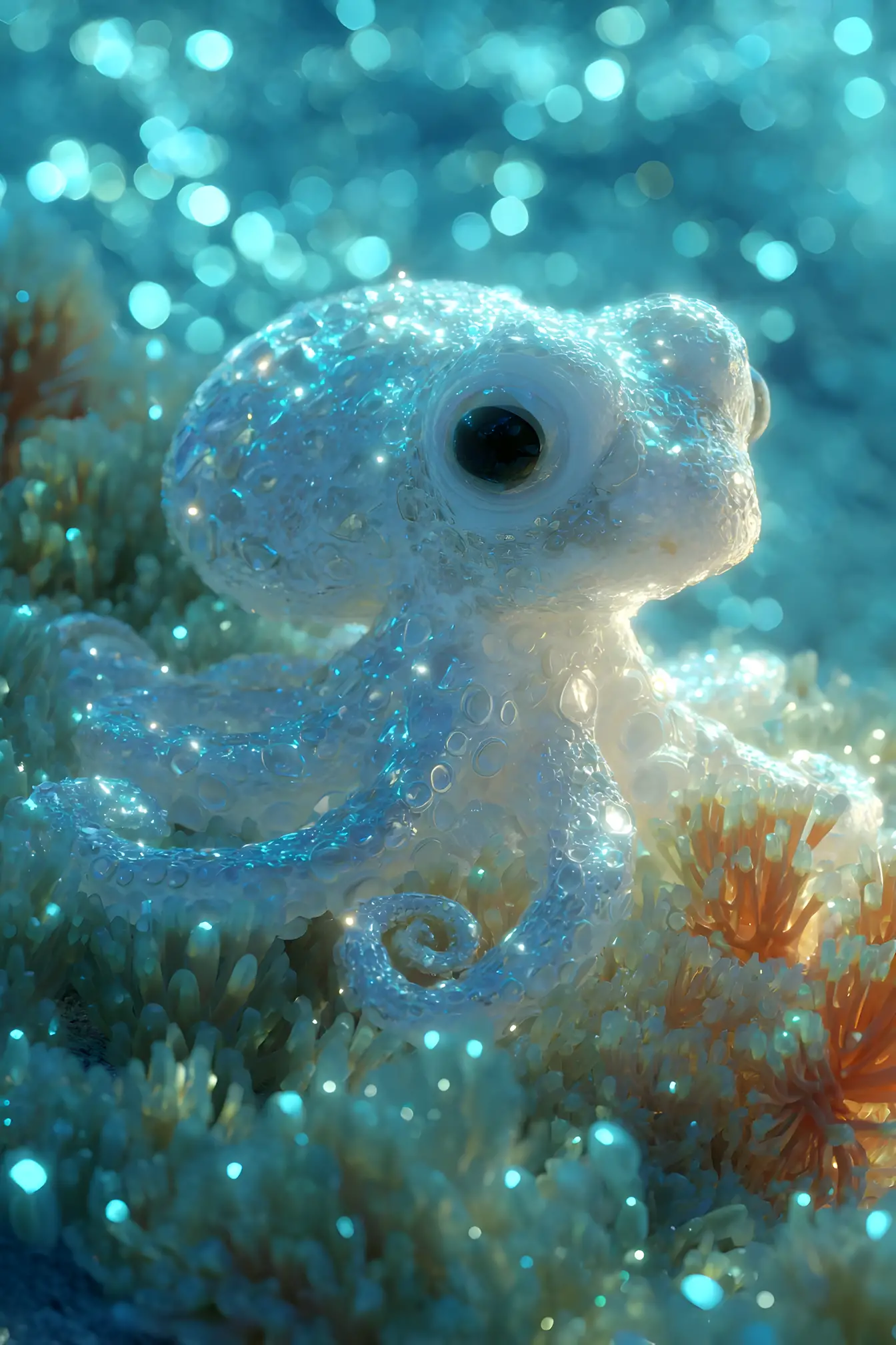 White octopus waiting in sunlit bahamas coral reef