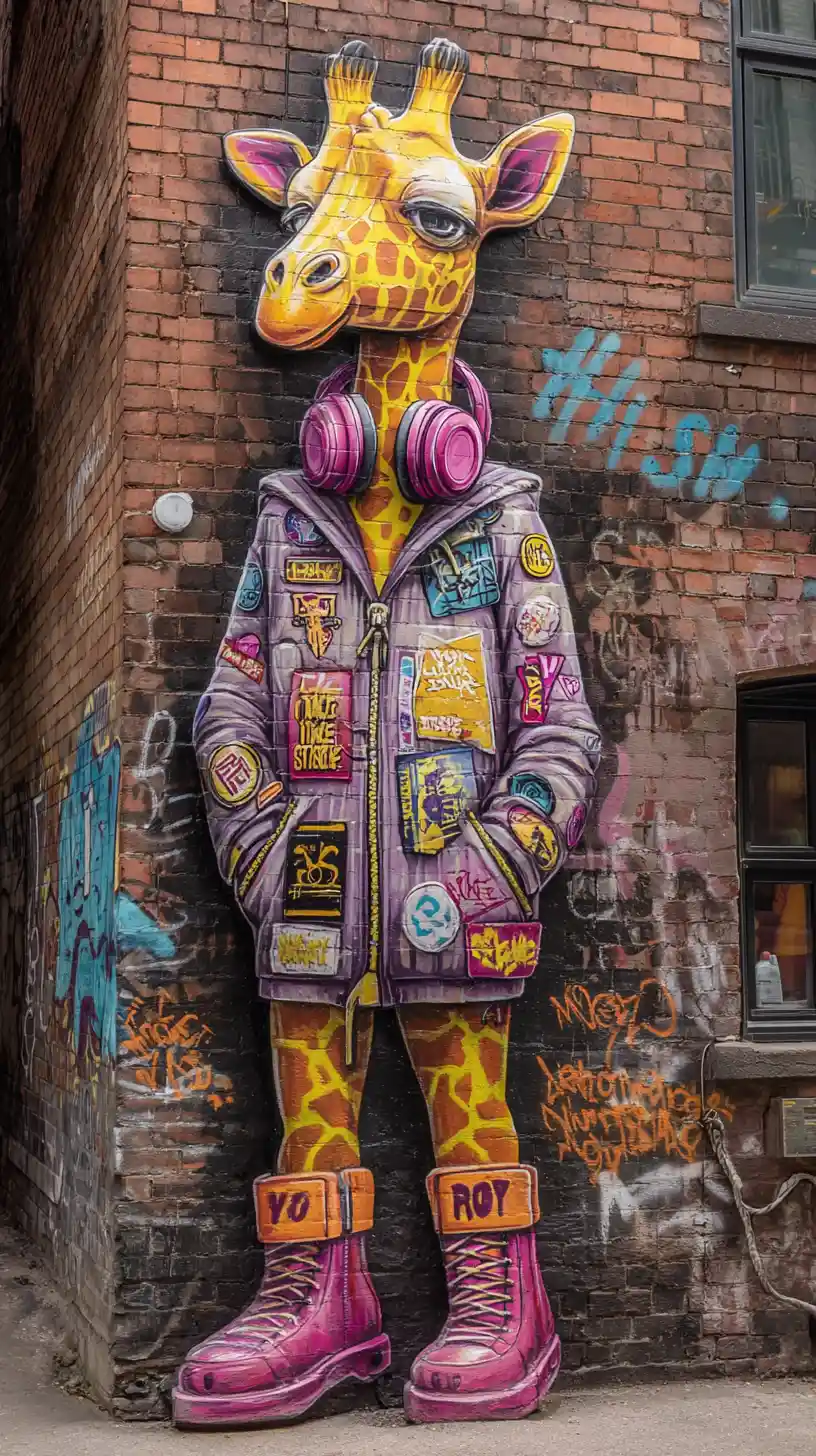 Giraffa in Graffiti con Streetwear Colorato in Vicolo Urbano