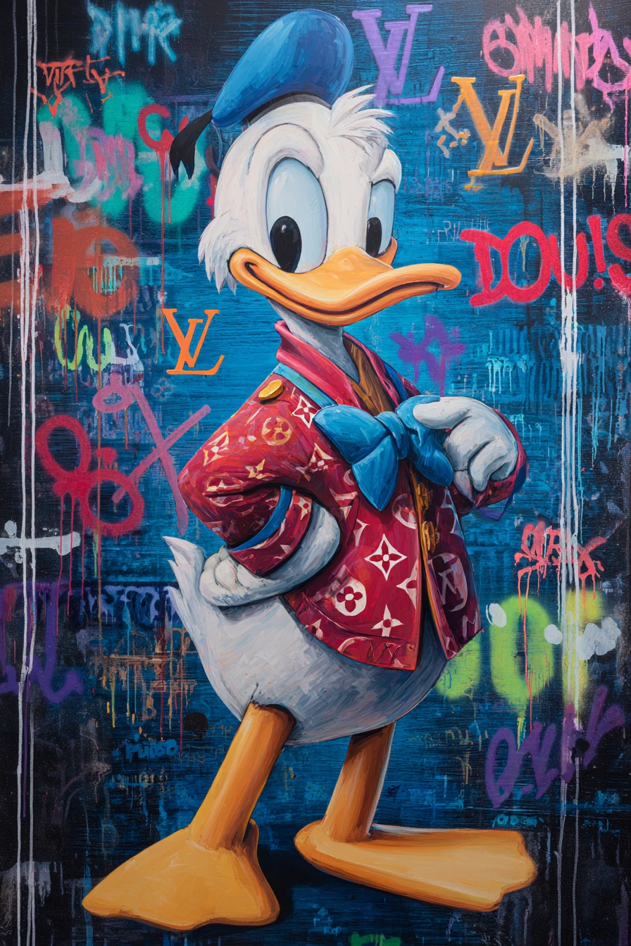 Pop-Art-Cartoon-Ente an Graffiti-Wand mit Herzen