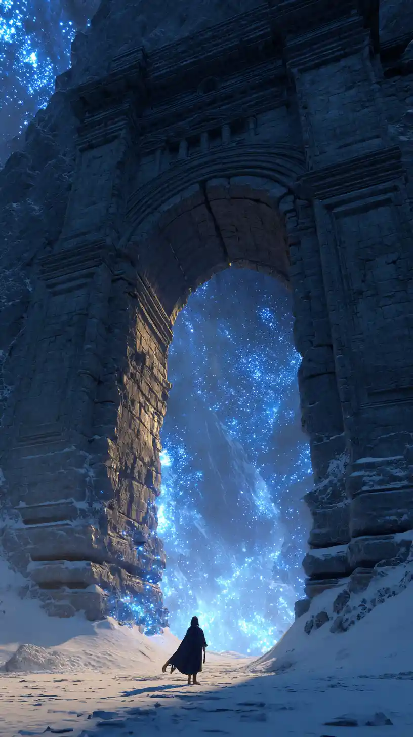 Lone cloaked wanderer before an ancient mountain gate