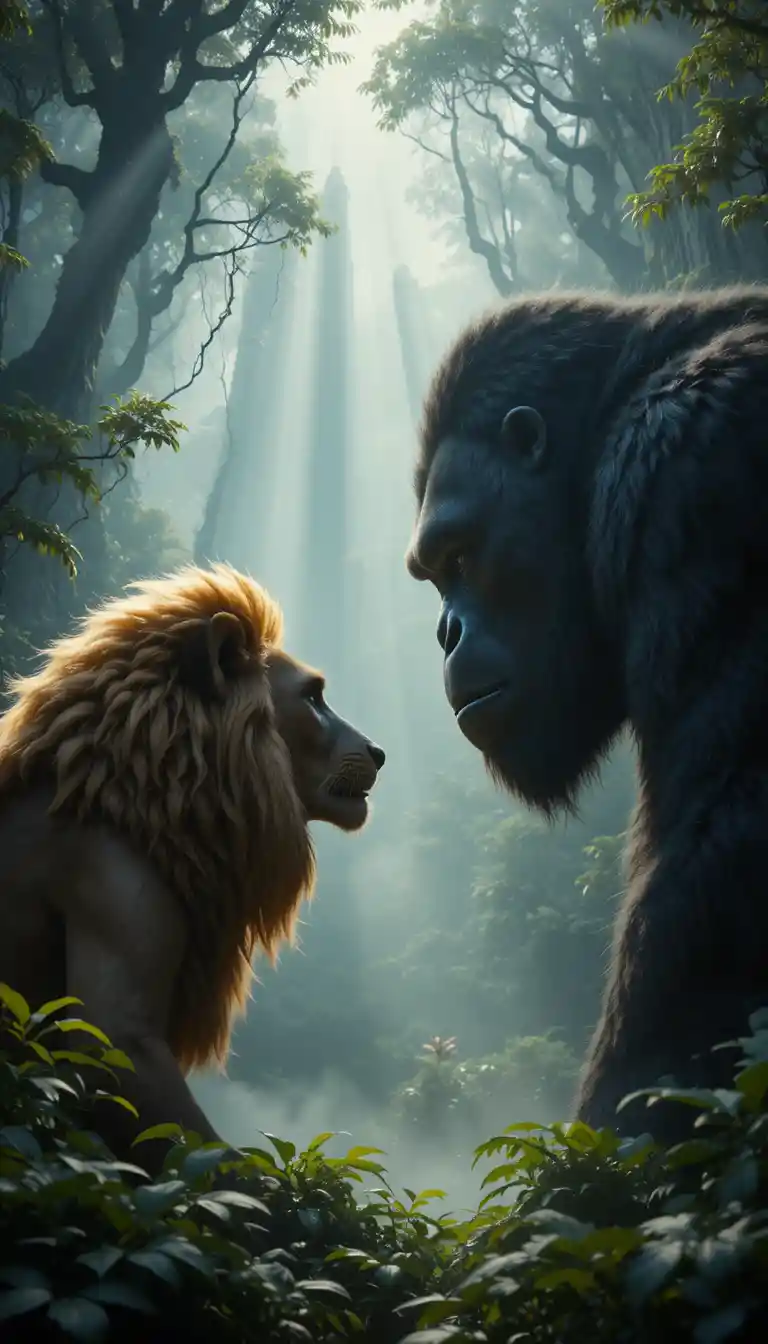 Leone dorato e gorilla dal dorso argentato faccia a faccia nella nebbia della giungla