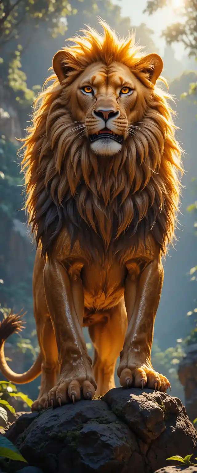 Goldener Löwe auf Dschungelfelsen im dramatischen Licht