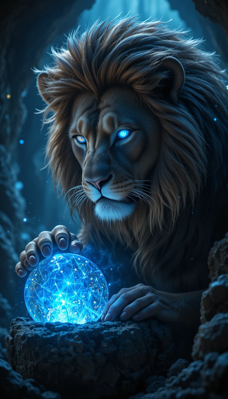 Majestic lion touching a glowing stone in cave