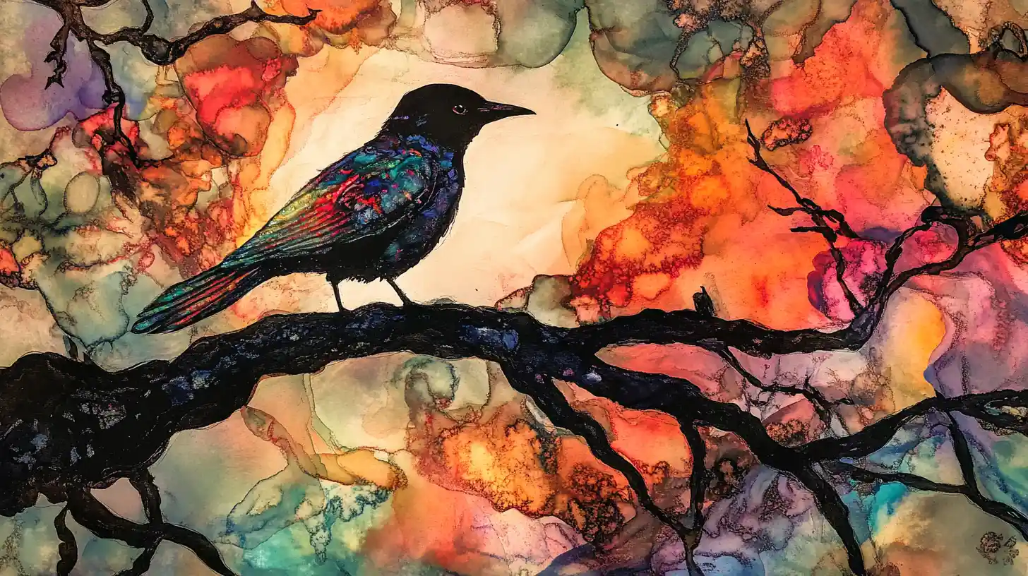 Abstrakter Singvogel im Baum mit Tintenillusion