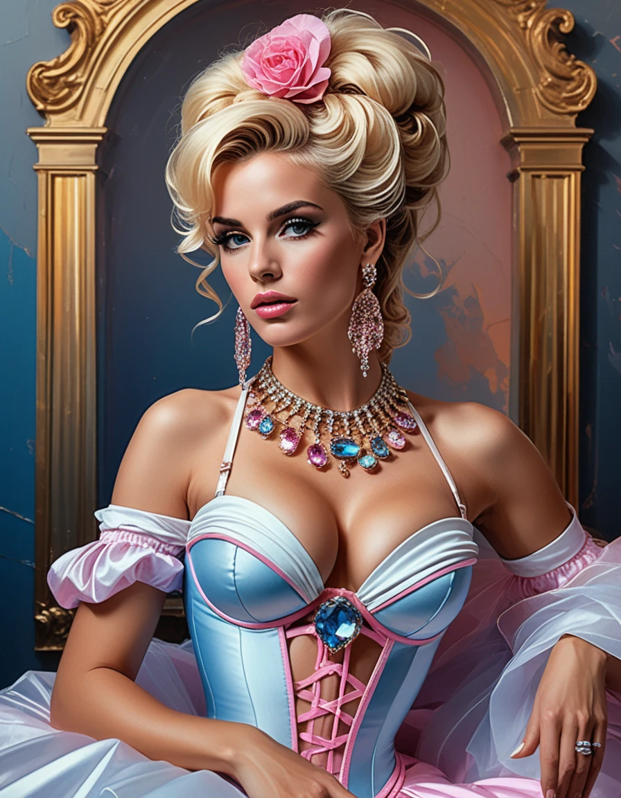 Glamorous fantasy woman in baroque couture before neon palace