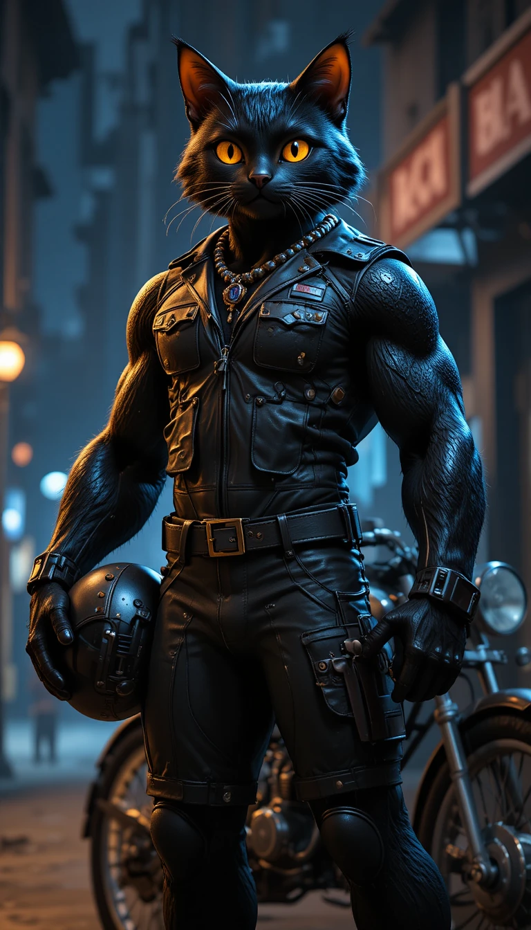 Mecânico heróico gato preto posando ao lado de uma moto clássica