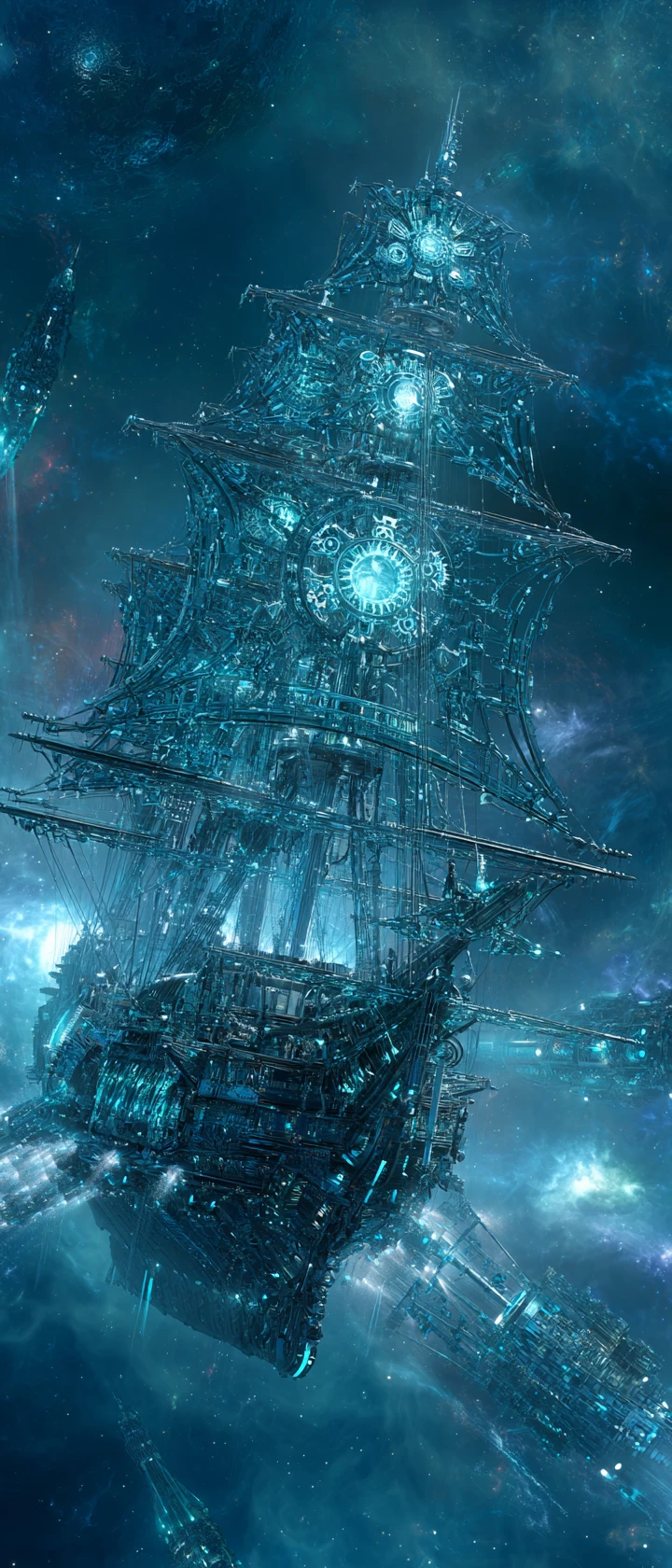 Steampunk-Obsidian-Raumschiff im Kampf gegen kybernetischen Kraken im All