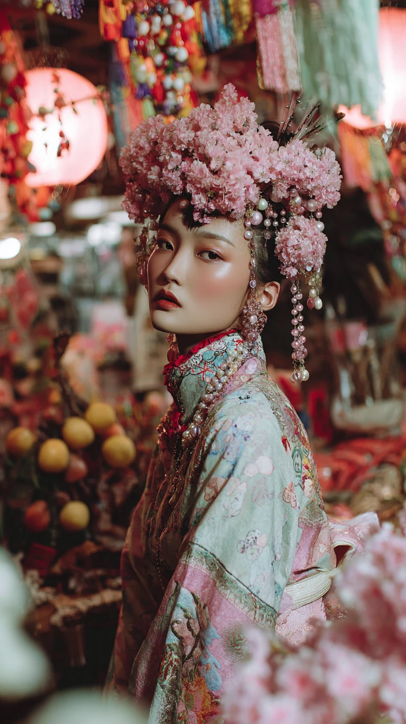Asian woman in kimono at pastel Japanese street market