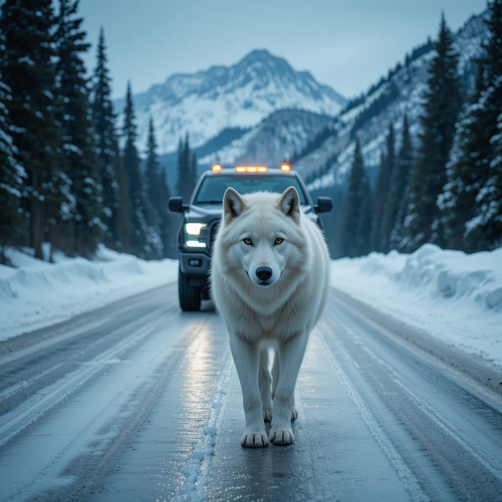 Lobo ártico branco em estrada de montanha nevada diante de um caminhão