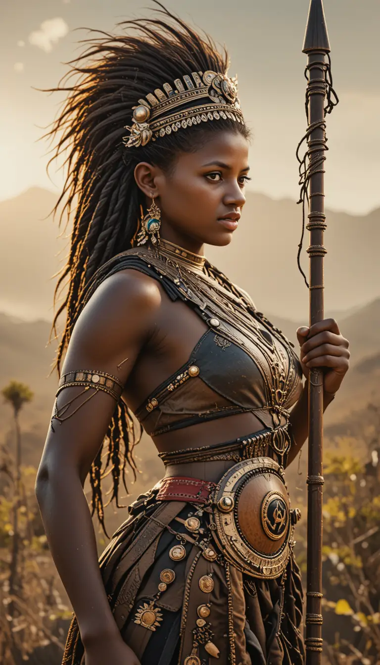 Rainha guerreira africana majestosa com lança sob a luz quente do sol