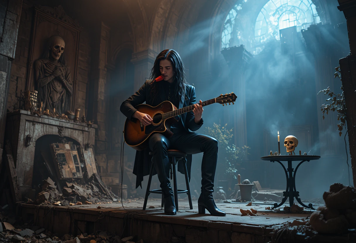 Músico introspectivo tocando guitarra elétrica em um palco enevoado