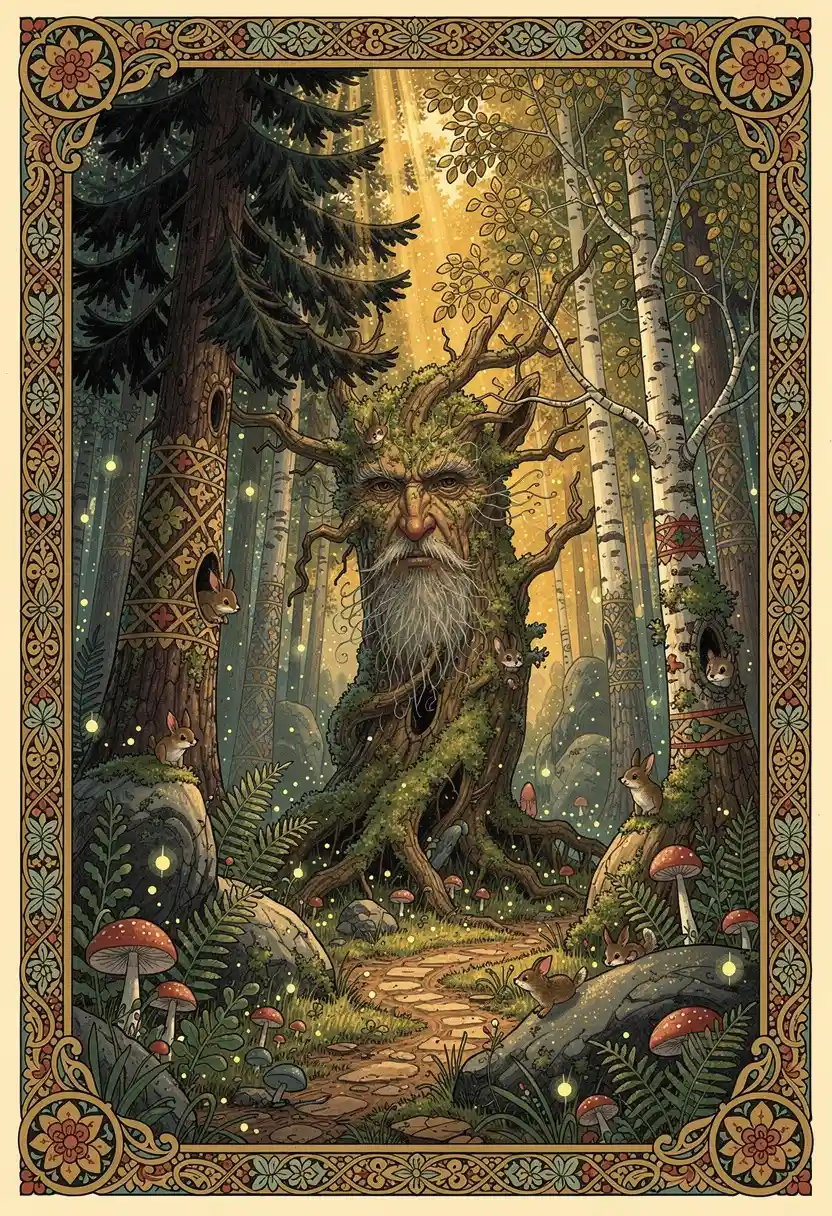 Anciano misterioso en un colorido bosque de cuento de hadas