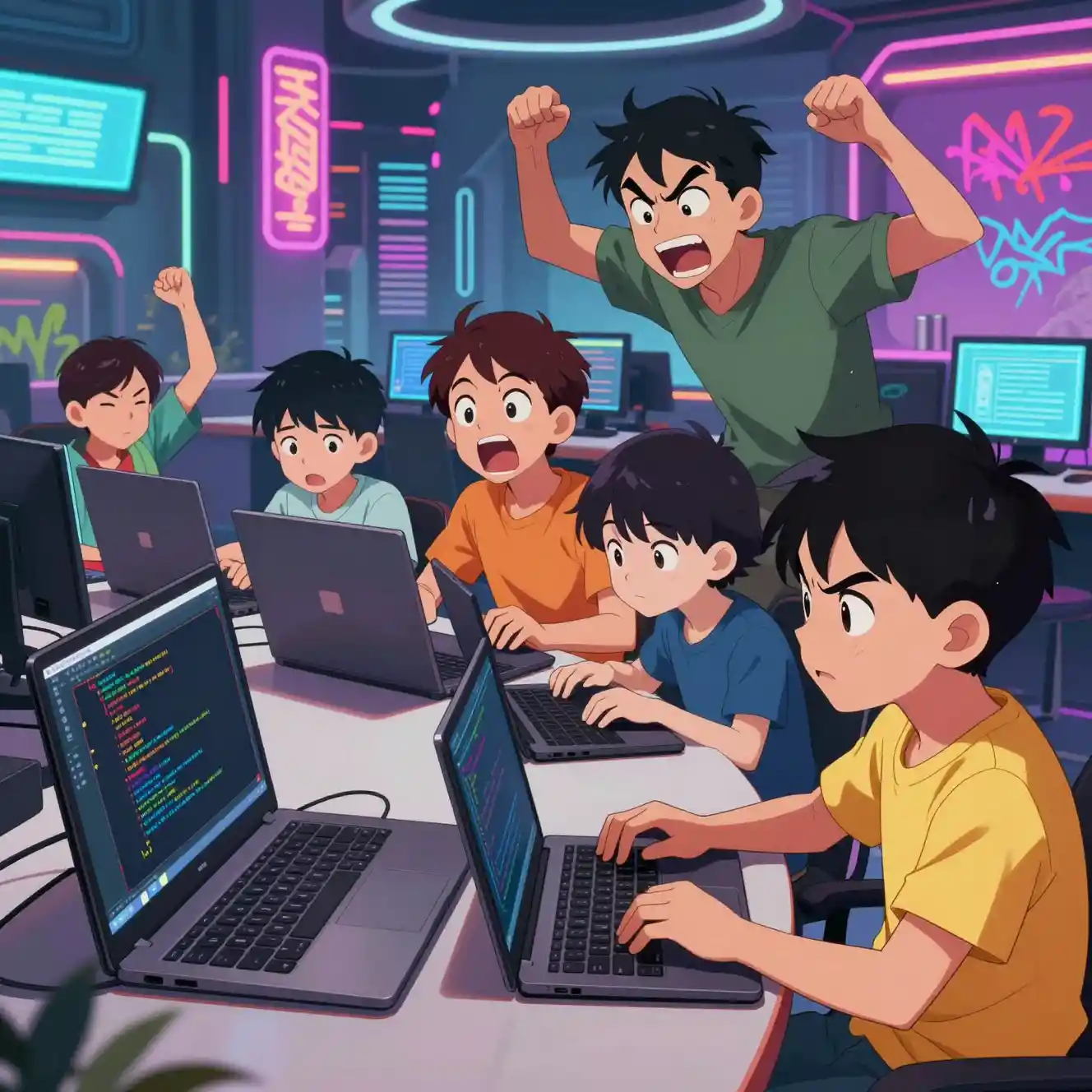 Crianças Aprendendo a Programar em uma Sala de Aula Futurista de Anime