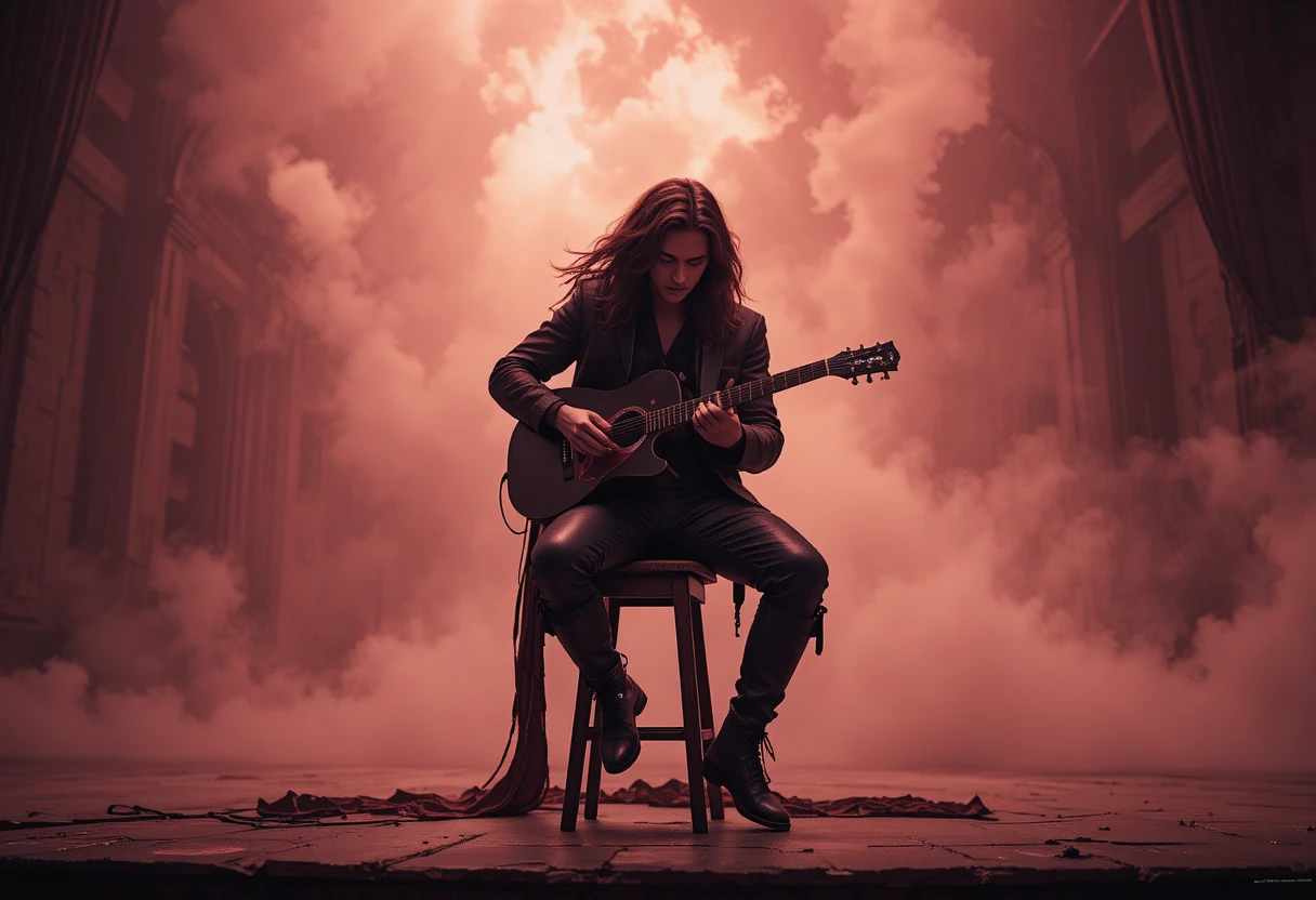 Guitarrista introspectivo tocando sozinho em um palco mal iluminado