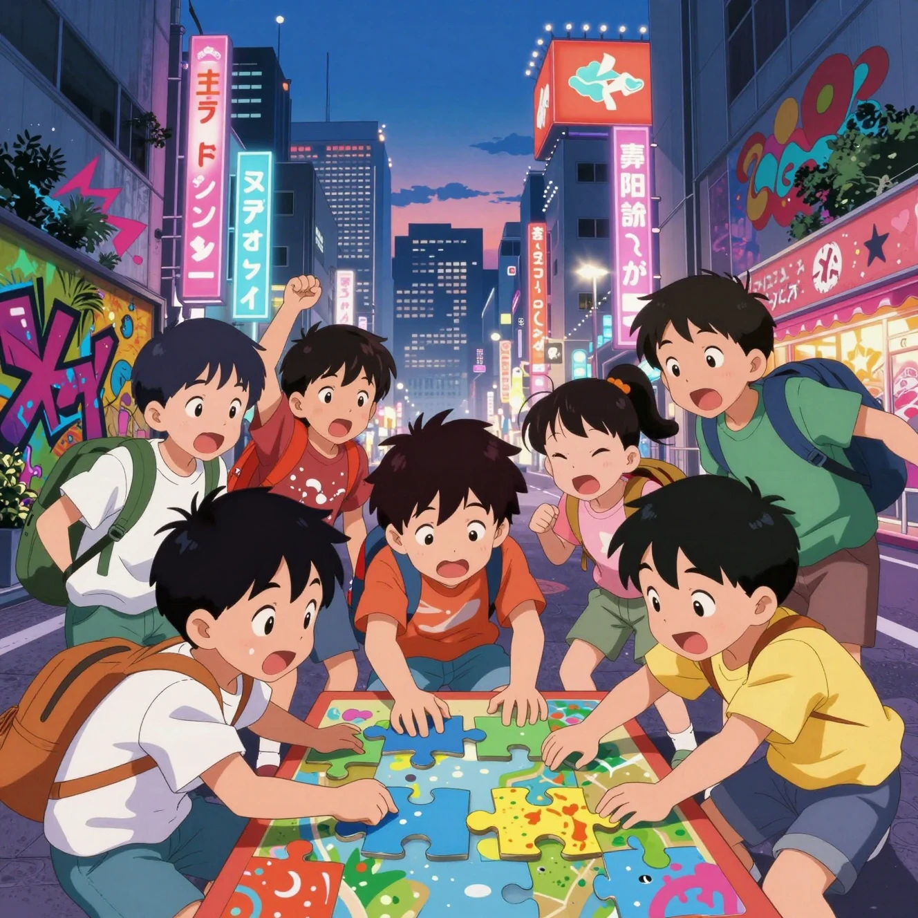 Enfants explorant une ville asiatique éclairée au néon avec un art façon anime