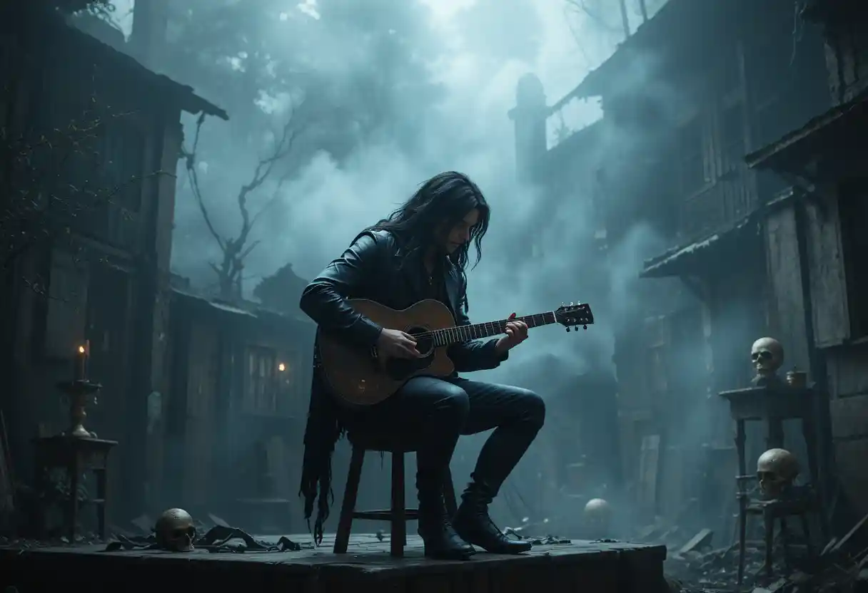 Musicista cupo che suona la chitarra elettrica su un palco avvolto nella nebbia