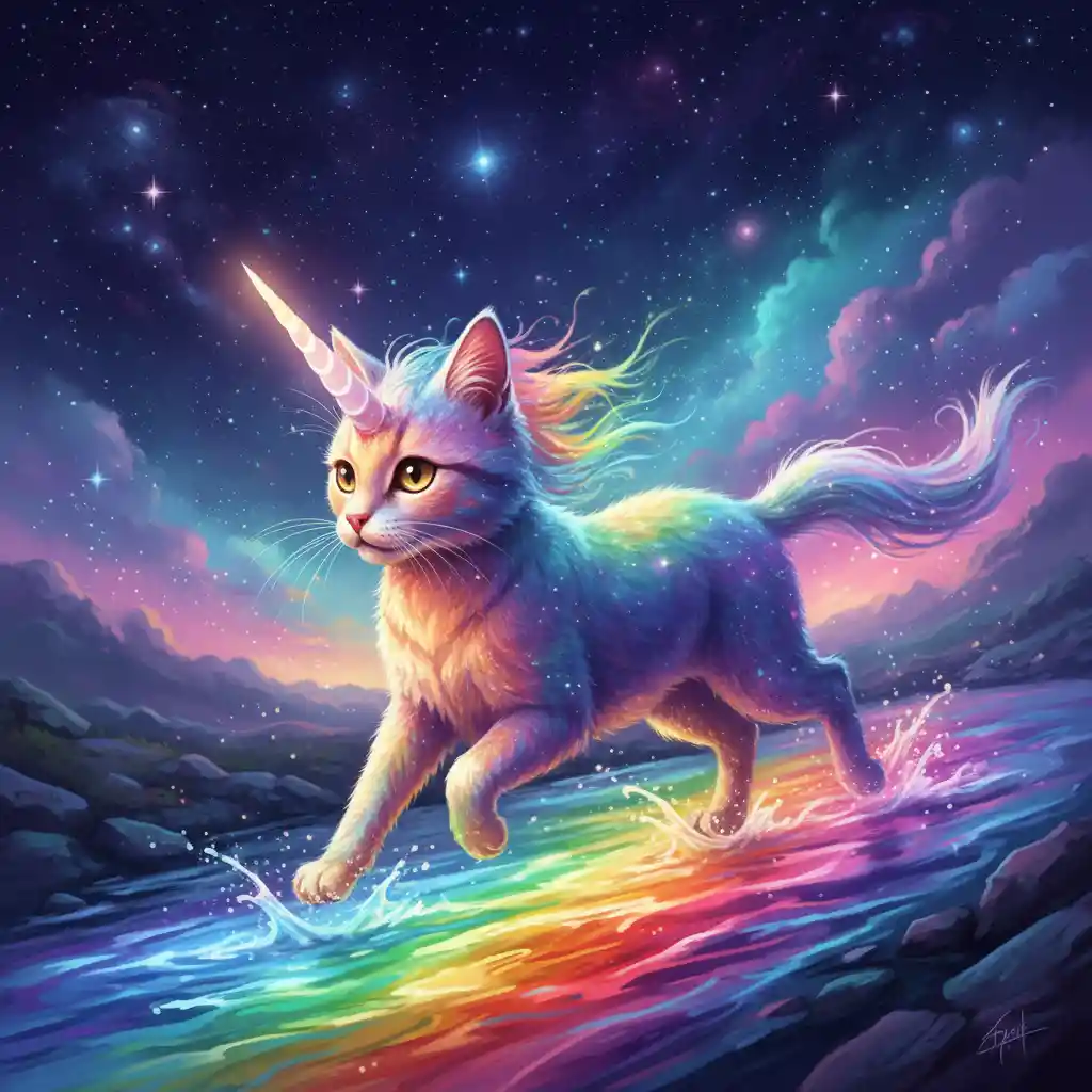 Rainbow unicorn cat running across a glowing river