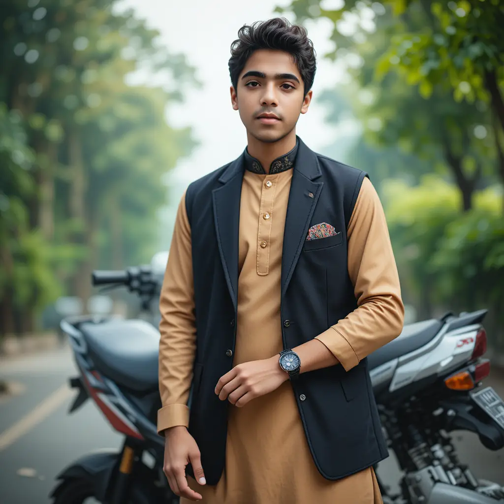 Stylish young man posing with motorcycle in urban greenery