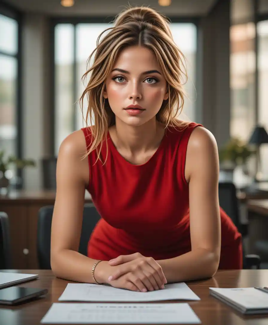 Confident businesswoman leaning over desk in modern office