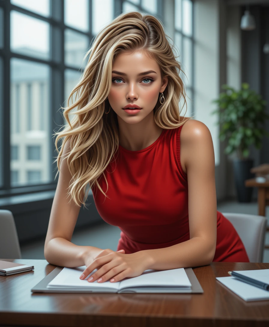 Selbstbewusste Geschäftsfrau, die sich in modernem Büro über den Schreibtisch lehnt