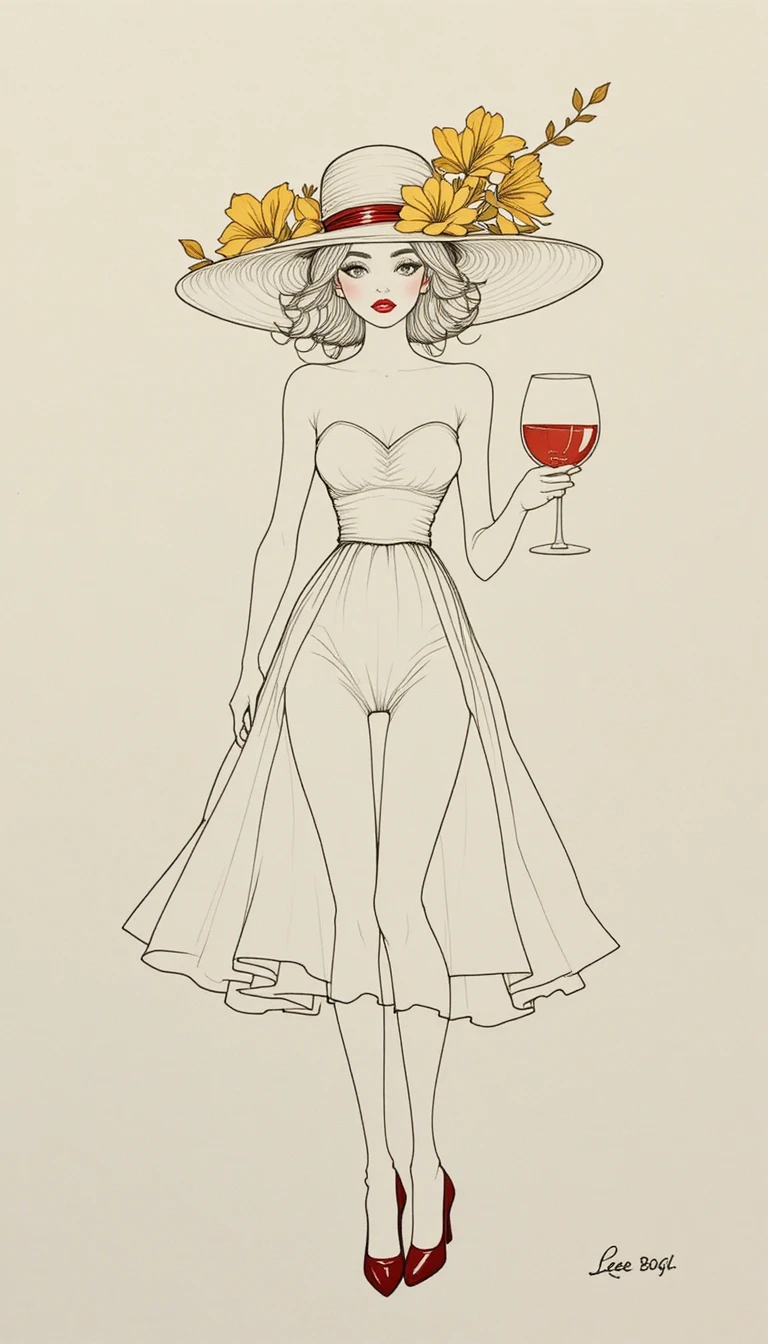 One line drawing of a girl in hat with mimosa flowers