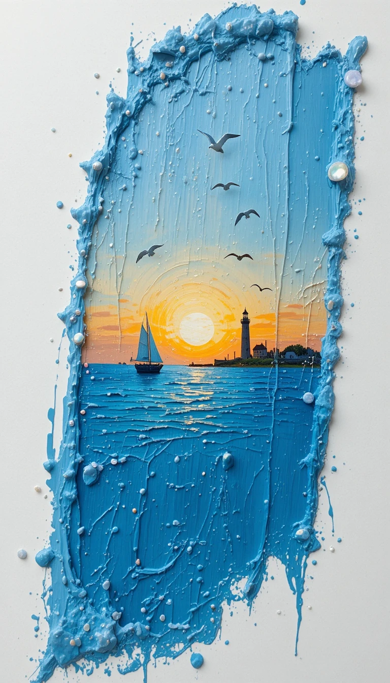 Gros plan d’un coup de pinceau en acrylique bleu encadrant une mer au coucher du soleil