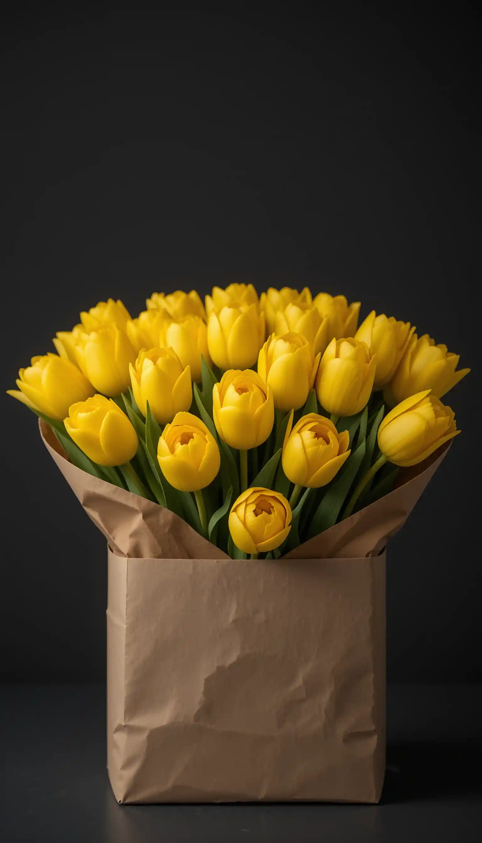 Yellow Tulips Wrapped In Kraft Paper Against Black Background