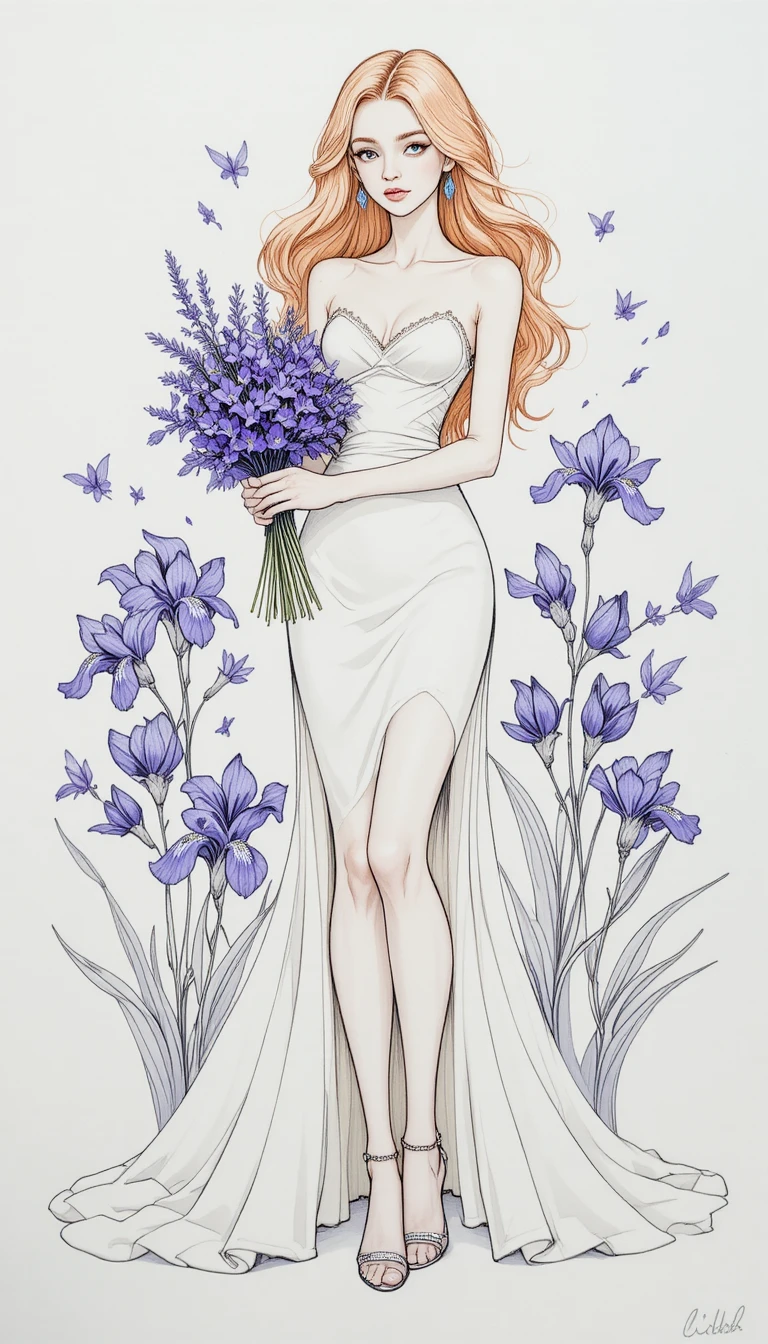 Croquis d’une fille élégante en robe fluide tenant un bouquet d’iris