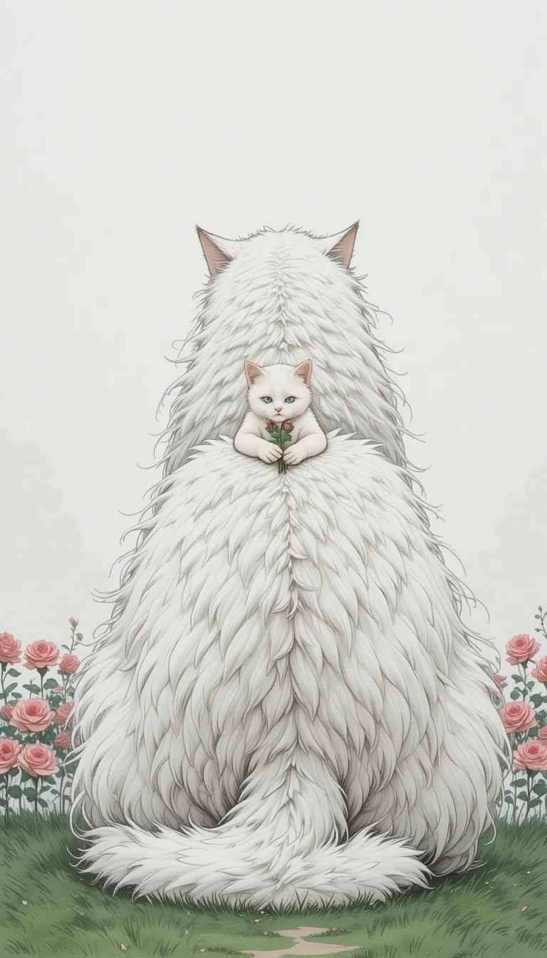 Pequeno gatinho triste em um enorme gato branco fofo