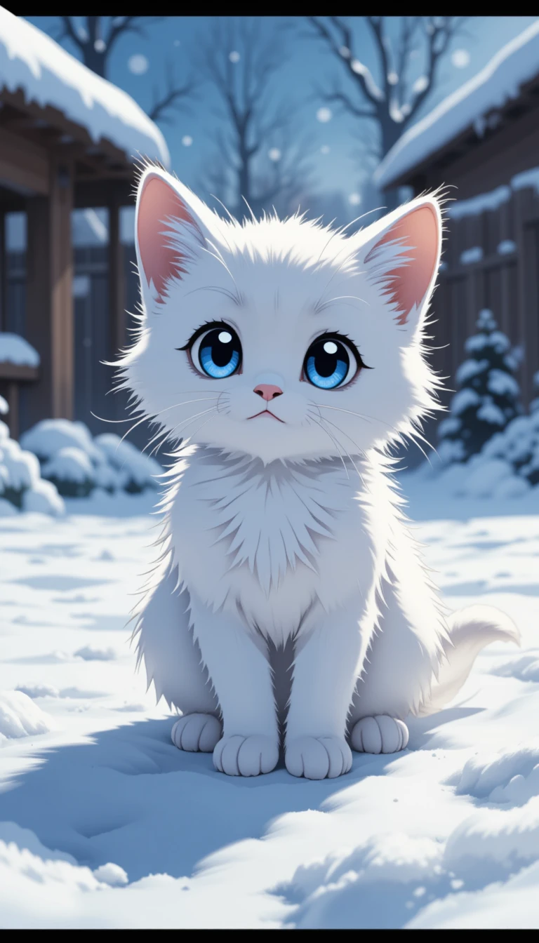 Chaton blanc aux yeux bleus dans un paisible jardin enneigé