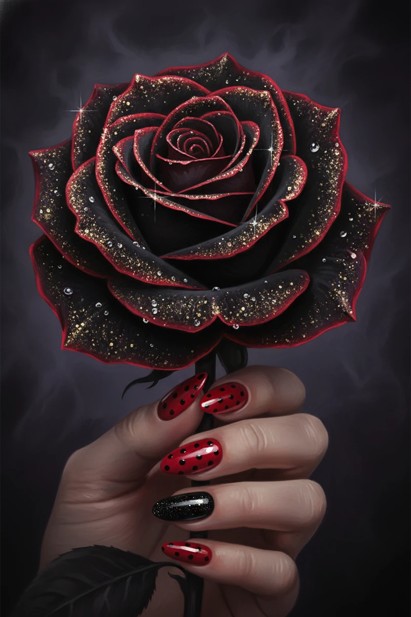 Nahaufnahme einer schwarzen Rose mit rotem Leuchten und manikürter Hand