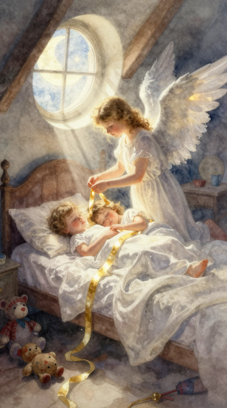 Guardian angel watching over children in a moonlit attic bedroom