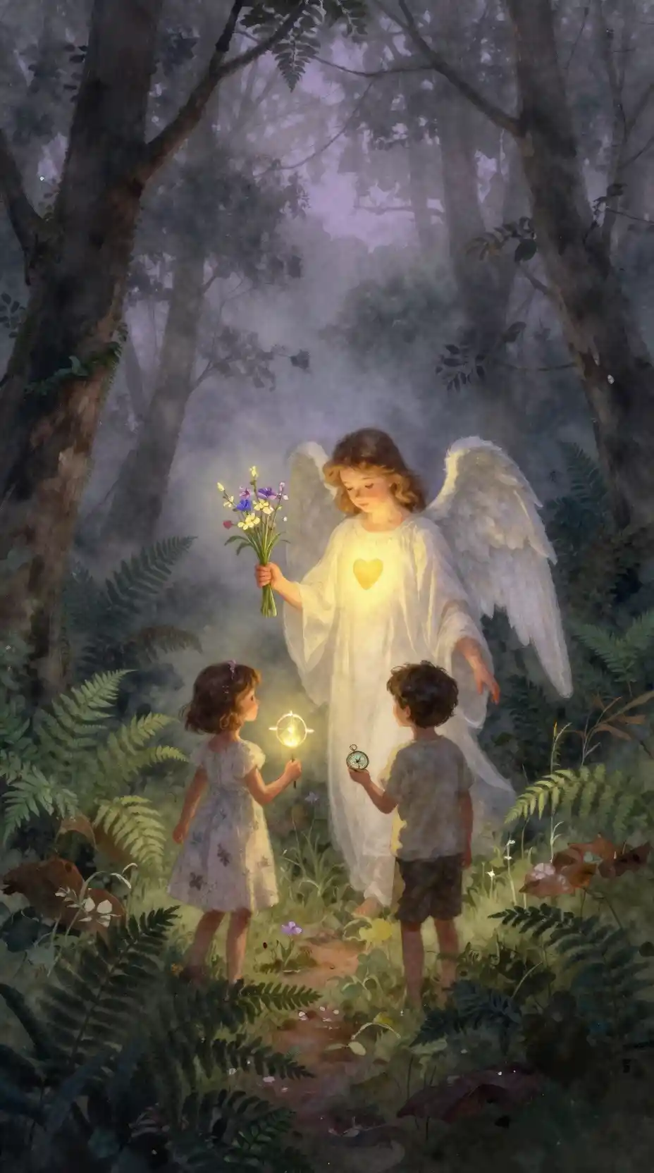 Enfants et ange gardien marchant dans une forêt brumeuse