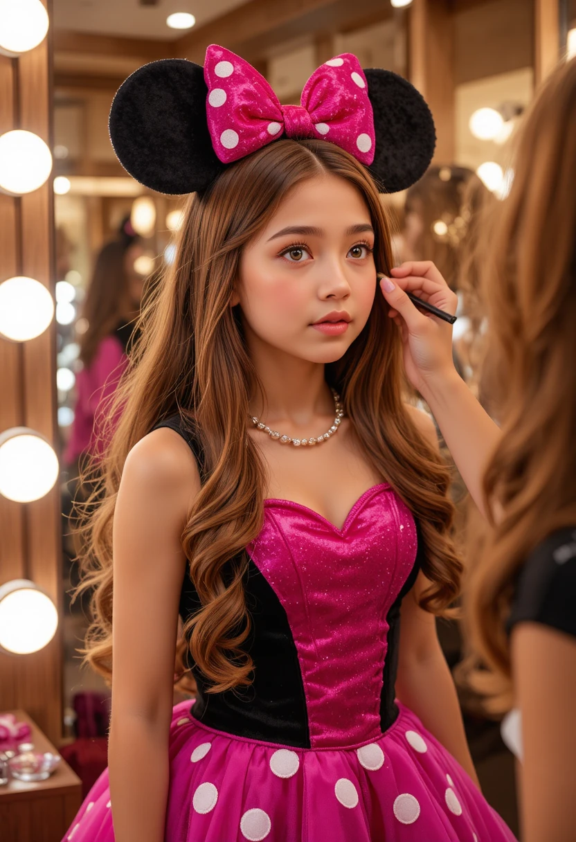 Menino usando vestido da Minnie fazendo maquiagem em boutique