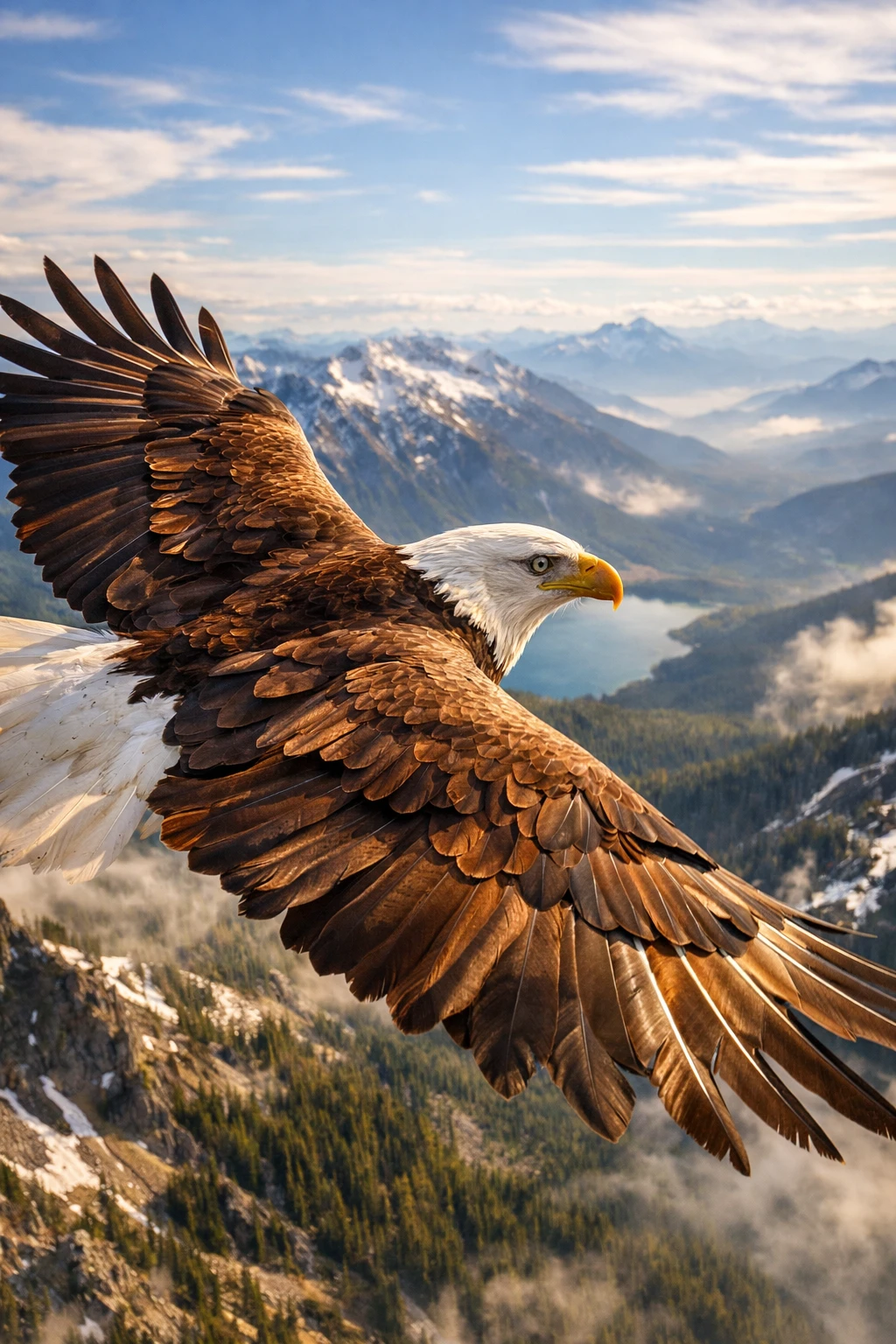 Elevándose sobre un águila sobre lejanos picos montañosos