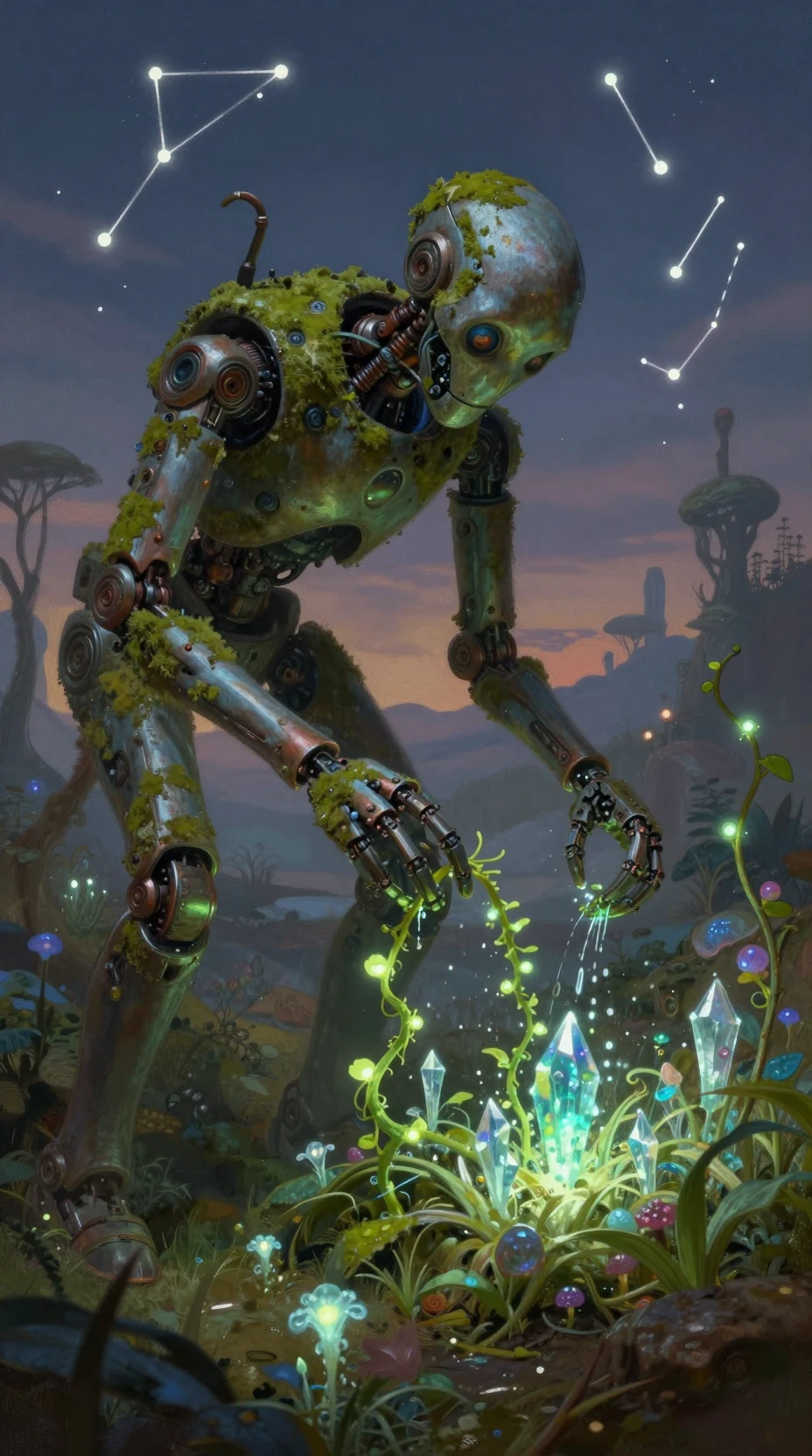 Autômato antigo cuidando de um jardim alienígena luminoso ao anoitecer