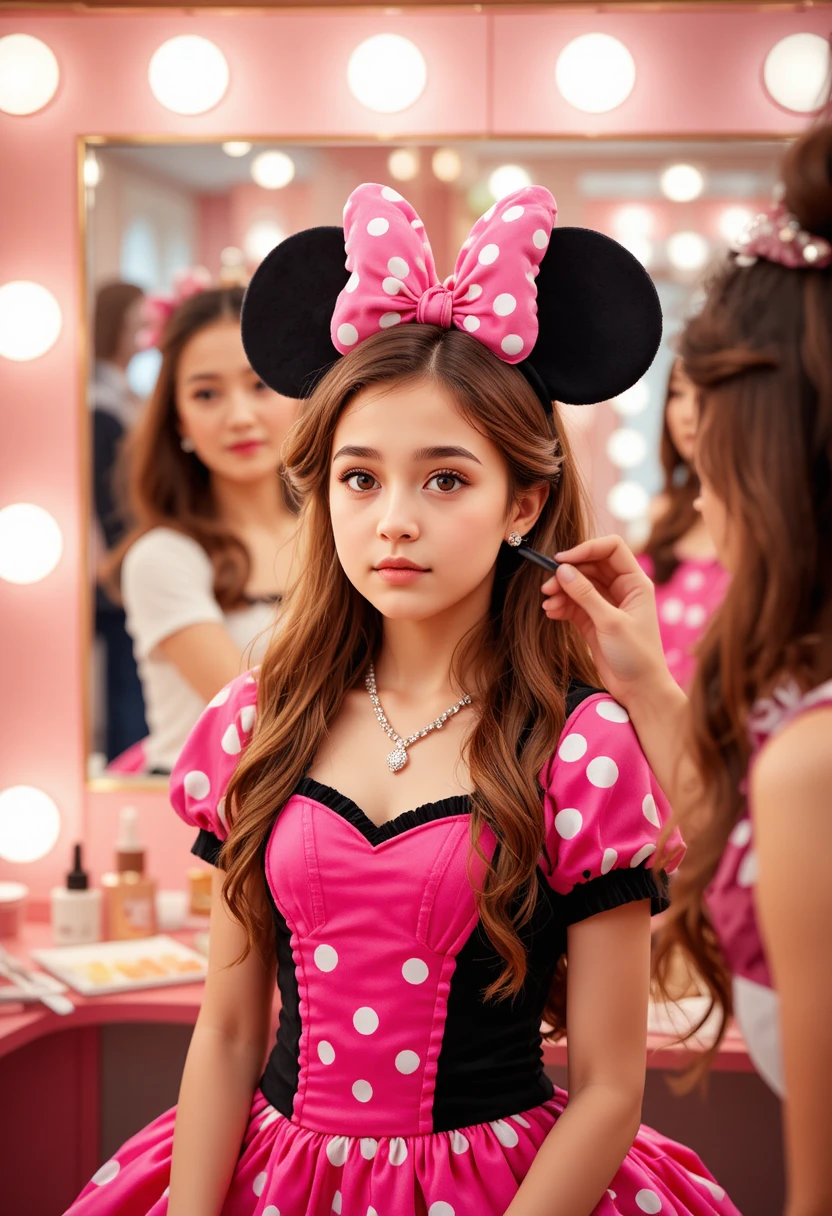 Young boy in pink dress getting makeup in boutique