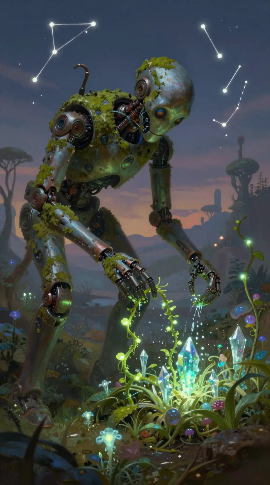 Ancient automaton tending a glowing alien garden at dusk