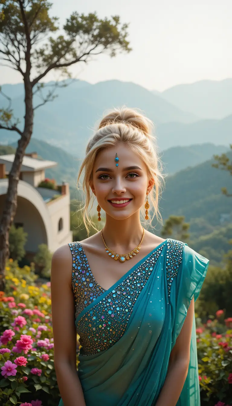 Femme souriante en sari à strass au-dessus d’une paisible vallée verte