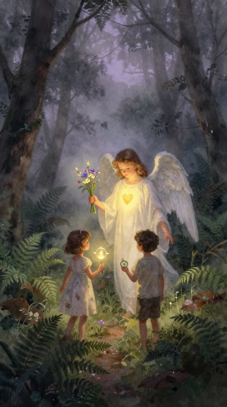 Enfants et ange gardien marchant dans une forêt brumeuse