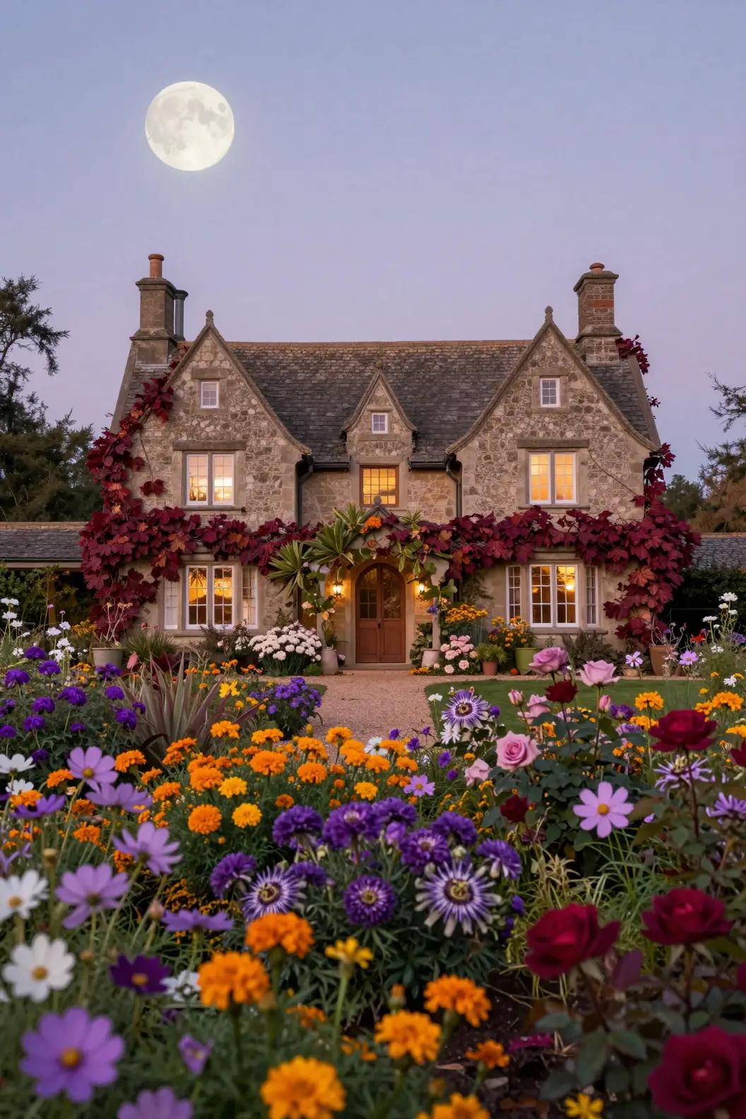 Manoir de Fantaisie Éthérée dans un Jardin d’Automne au Clair de Lune