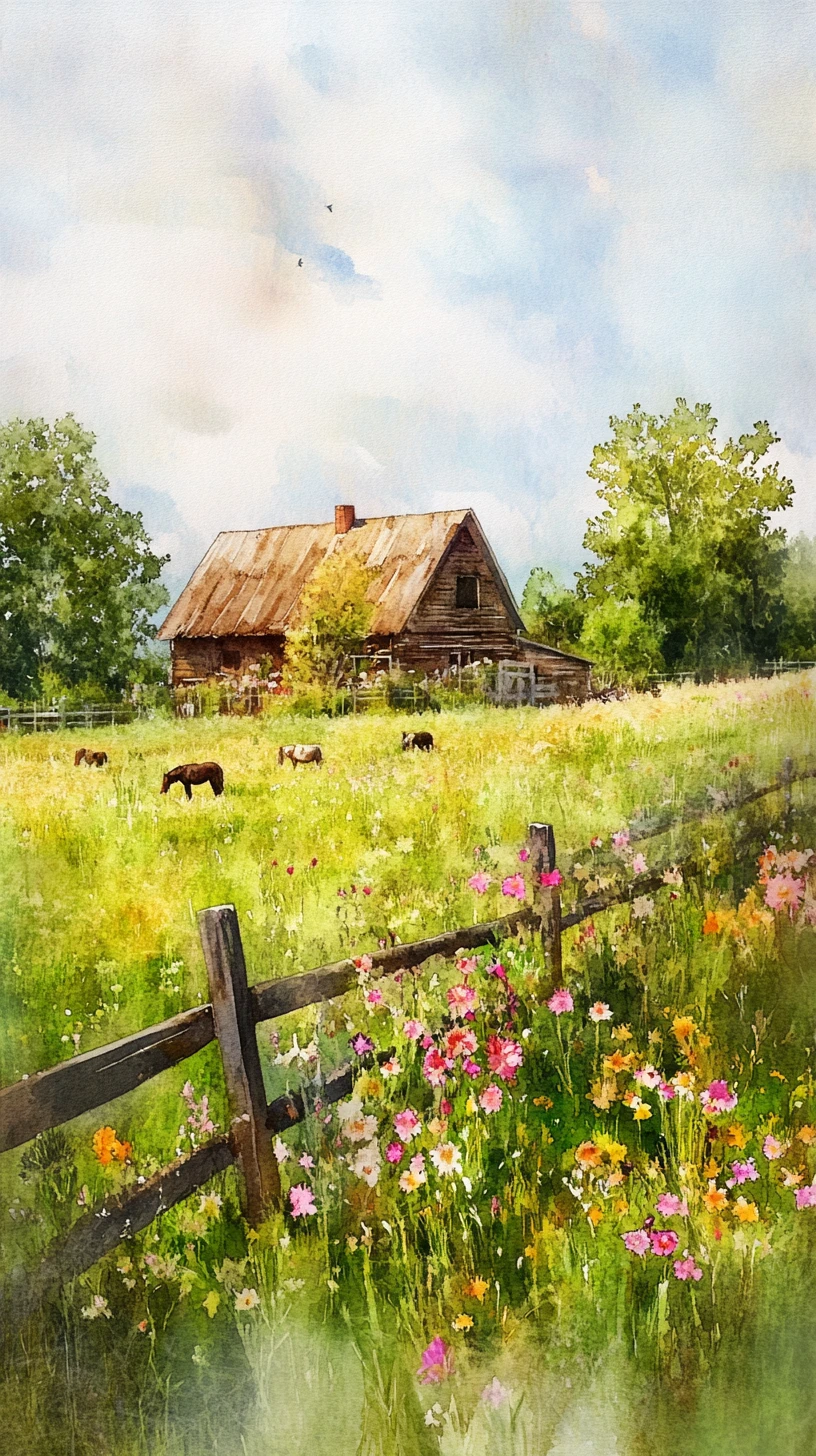 Casa de fazenda impressionista ao lado de um campo com cavalos pastando