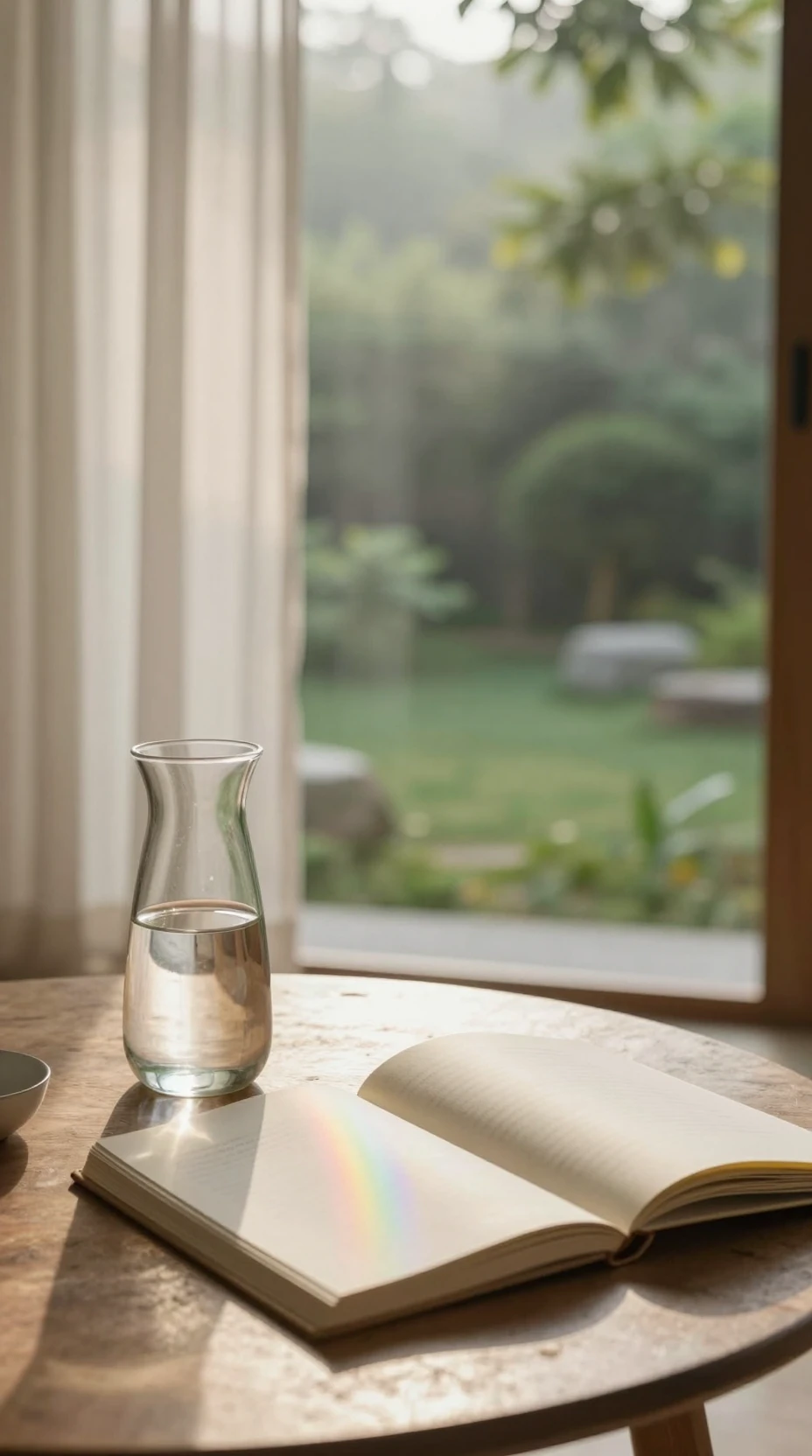 Minimalist wooden table with glass carafe in dawn sanctuary