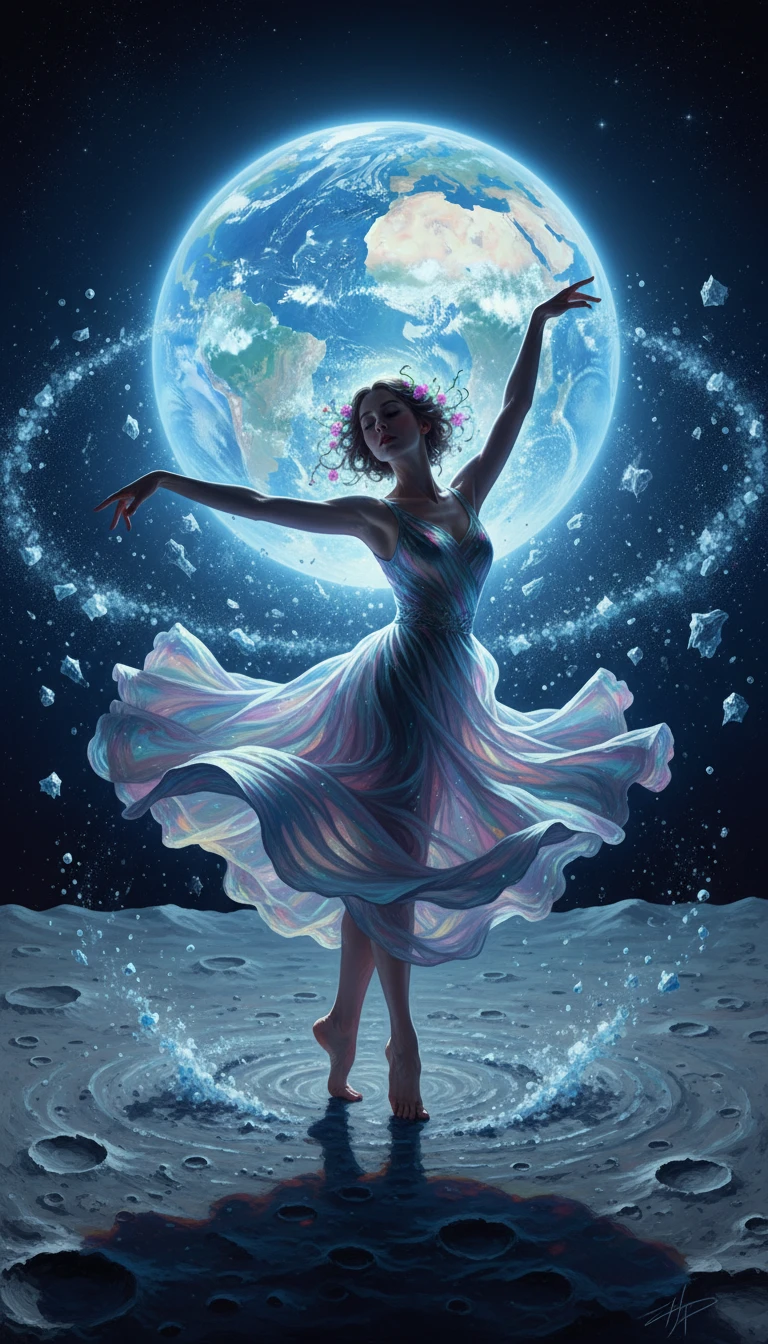 Anmutige Frau tanzt auf dem Mond unter der leuchtenden Erde