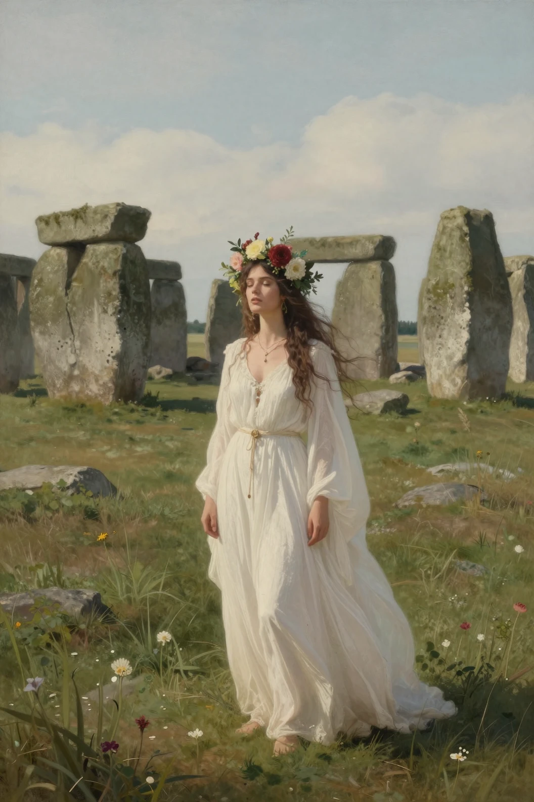 Mystical woman in white within an ancient stone circle
